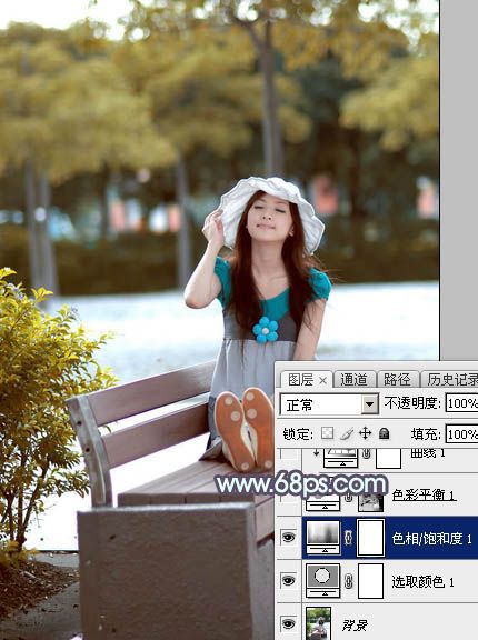 Photoshop将公园长凳上的美女图片调成秋季蓝-9.jpg