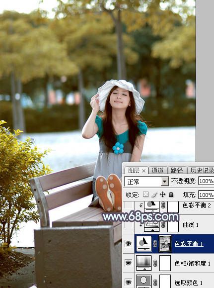 Photoshop将公园长凳上的美女图片调成秋季蓝-12.jpg