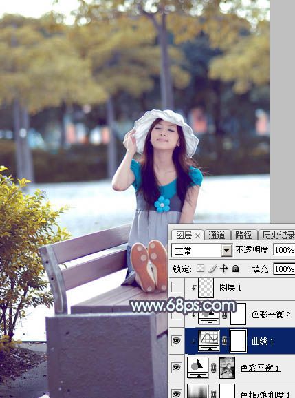 Photoshop将公园长凳上的美女图片调成秋季蓝-14.jpg