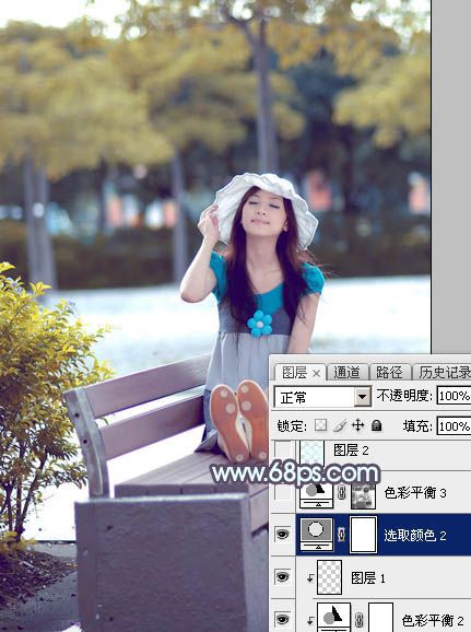 Photoshop将公园长凳上的美女图片调成秋季蓝-21.jpg