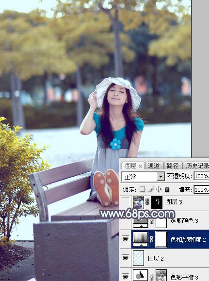 Photoshop将公园长凳上的美女图片调成秋季蓝-26.jpg