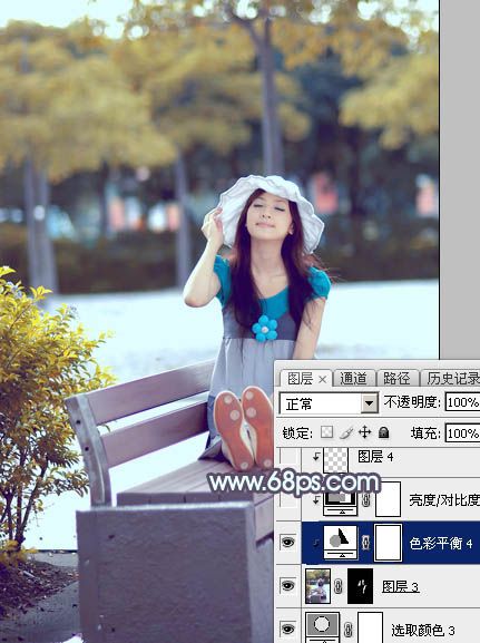 Photoshop将公园长凳上的美女图片调成秋季蓝-33.jpg