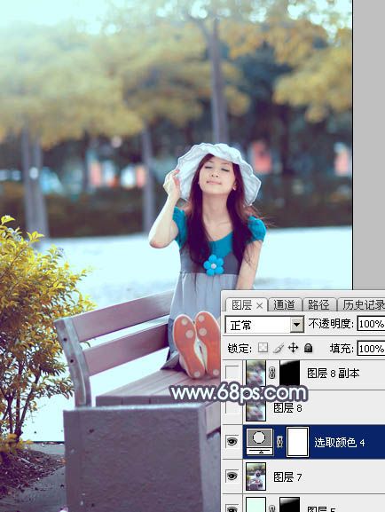 Photoshop将公园长凳上的美女图片调成秋季蓝-41.jpg