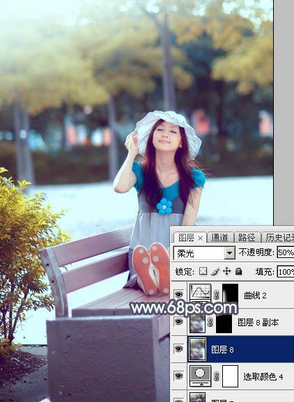 Photoshop将公园长凳上的美女图片调成秋季蓝-42.jpg